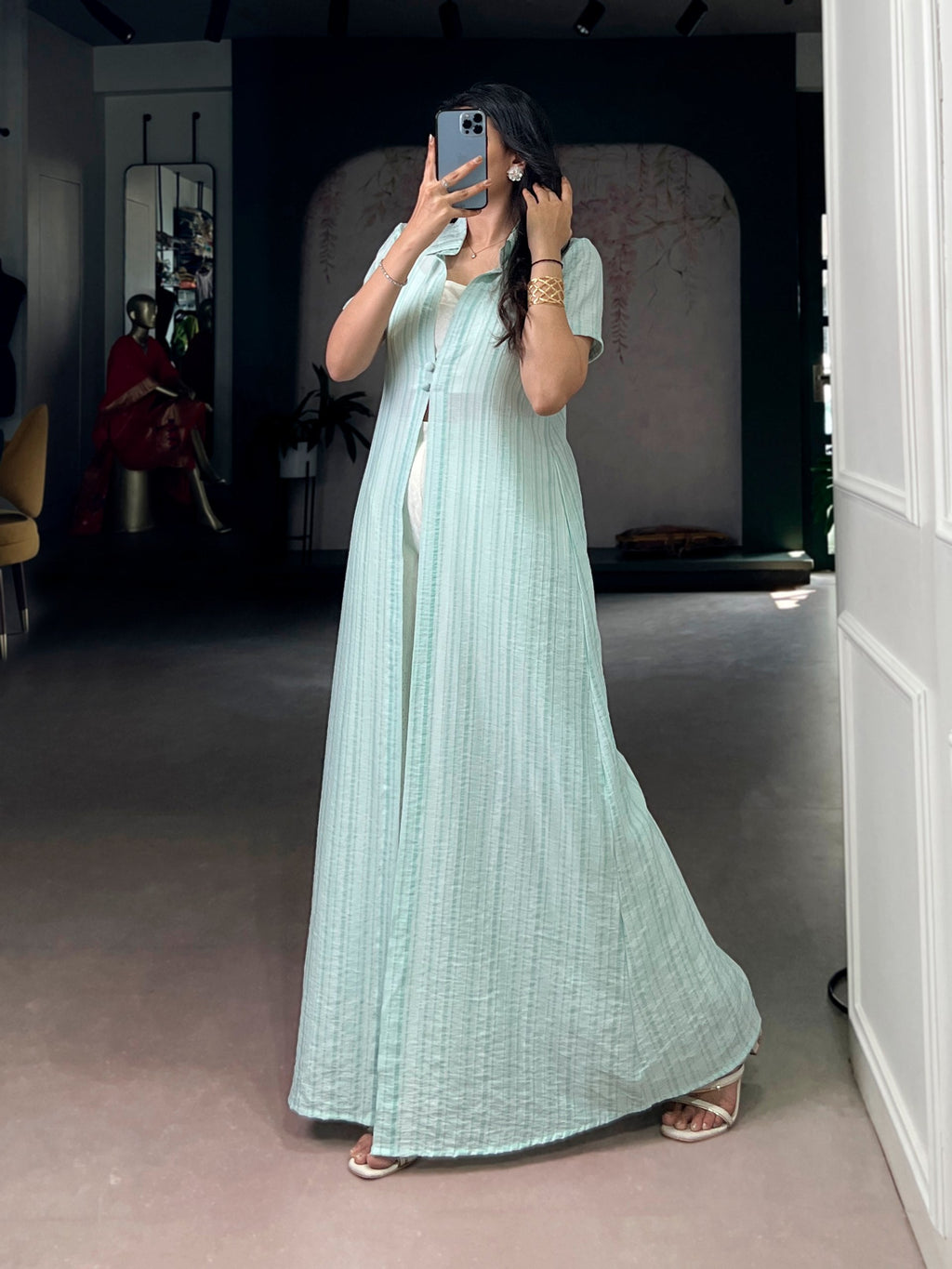 Sky Blue Pant Set with Striped Overlay Shrug ClothsVilla