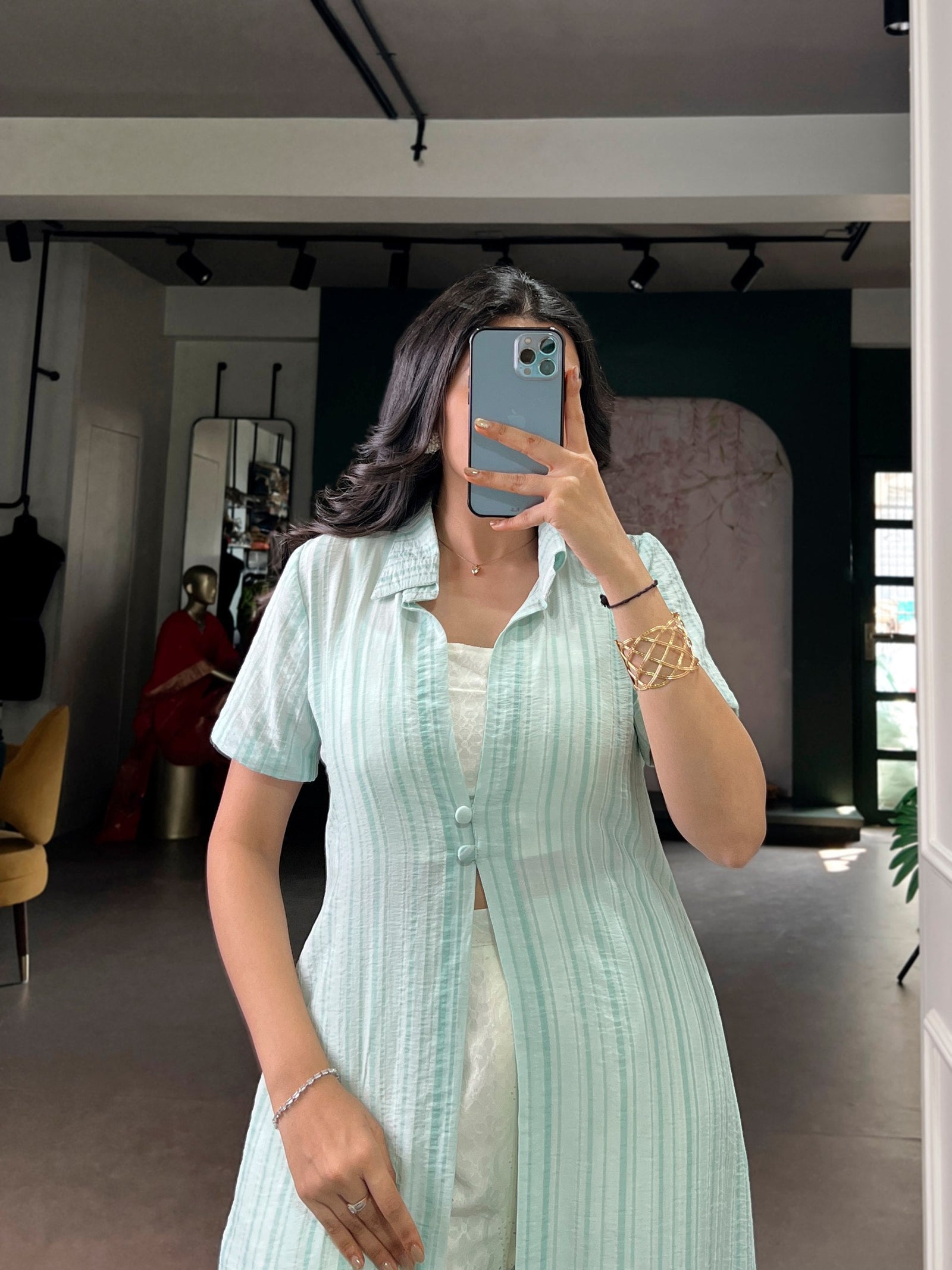 Sky Blue Pant Set with Striped Overlay Shrug ClothsVilla