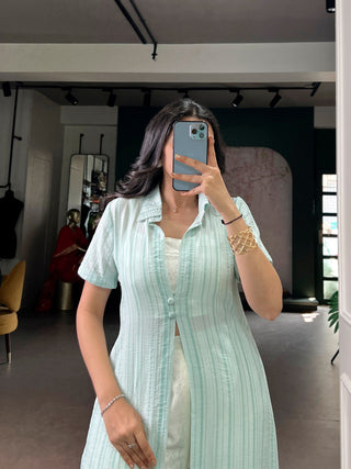 Sky Blue Pant Set with Striped Overlay Shrug ClothsVilla
