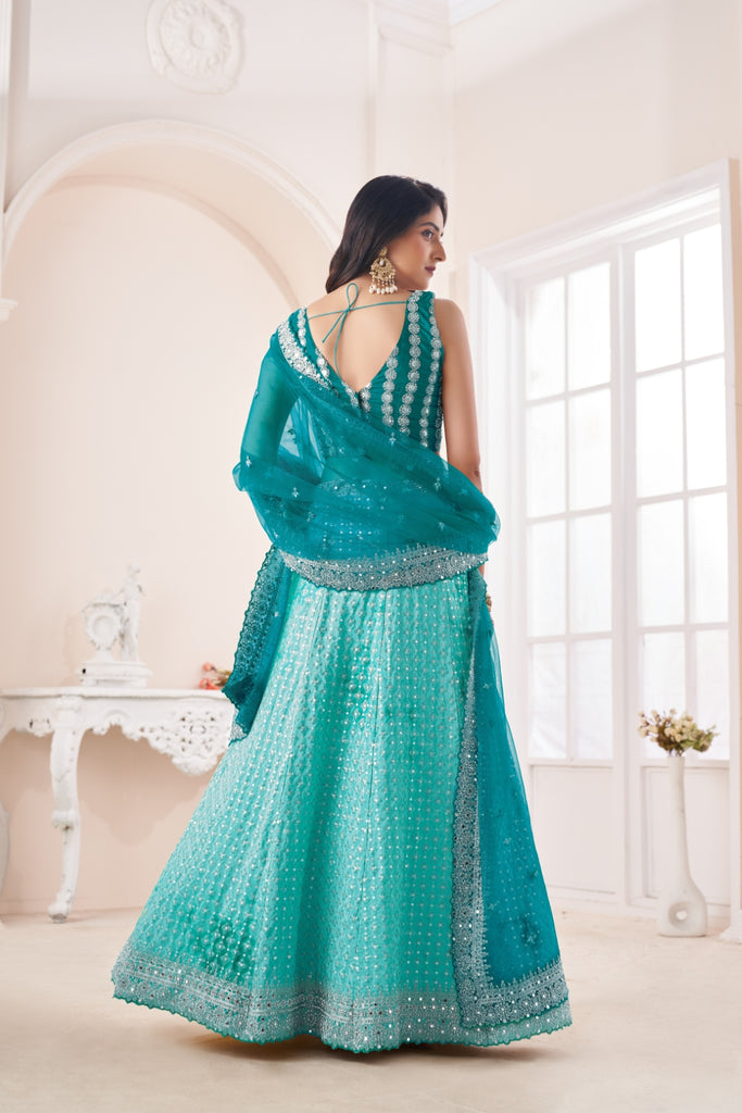 Shimmering Sky Blue Party Wear Lehenga Choli Set - Embroidered Elegance ClothsVilla