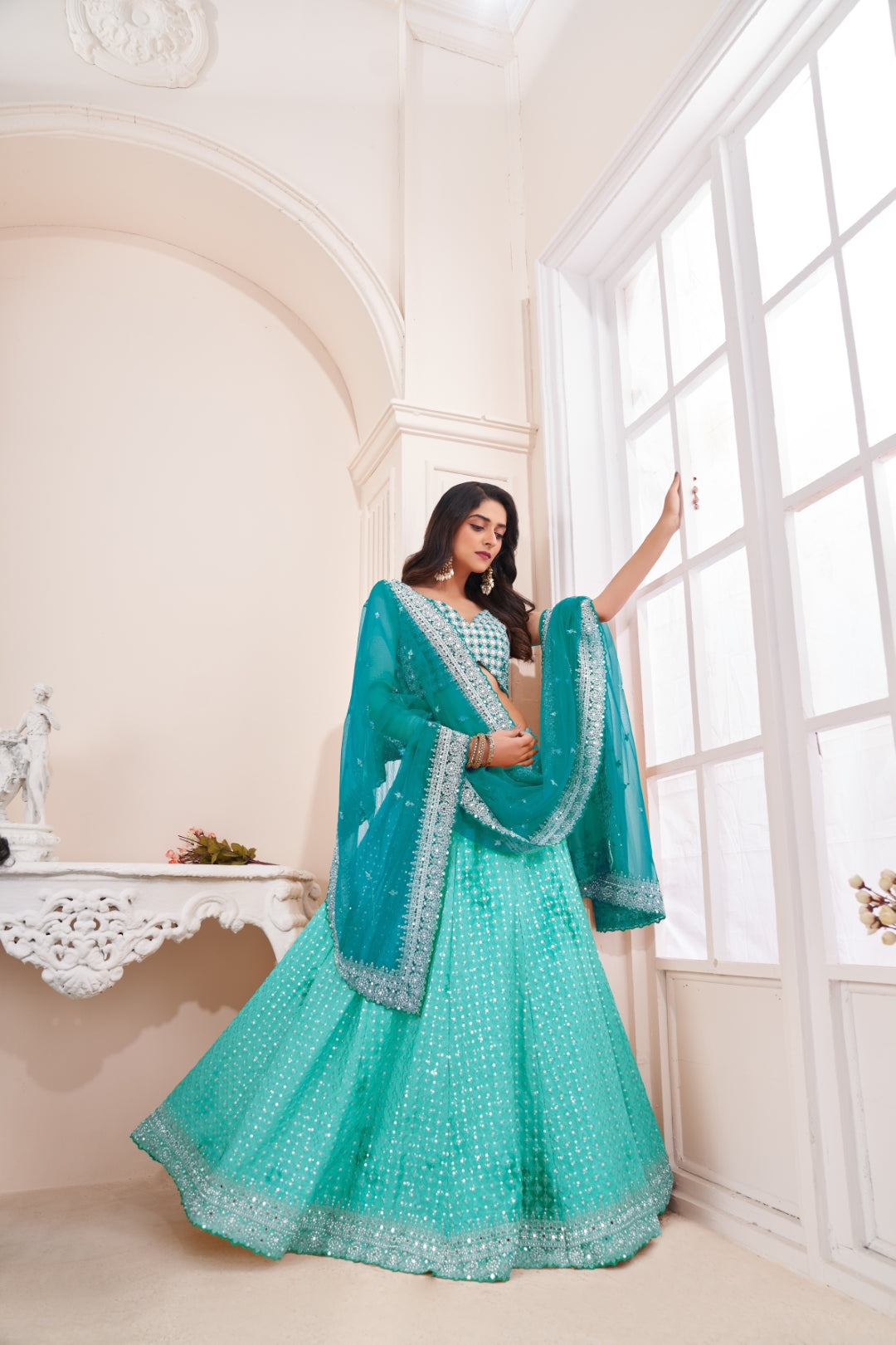 Shimmering Sky Blue Party Wear Lehenga Choli Set - Embroidered Elegance ClothsVilla