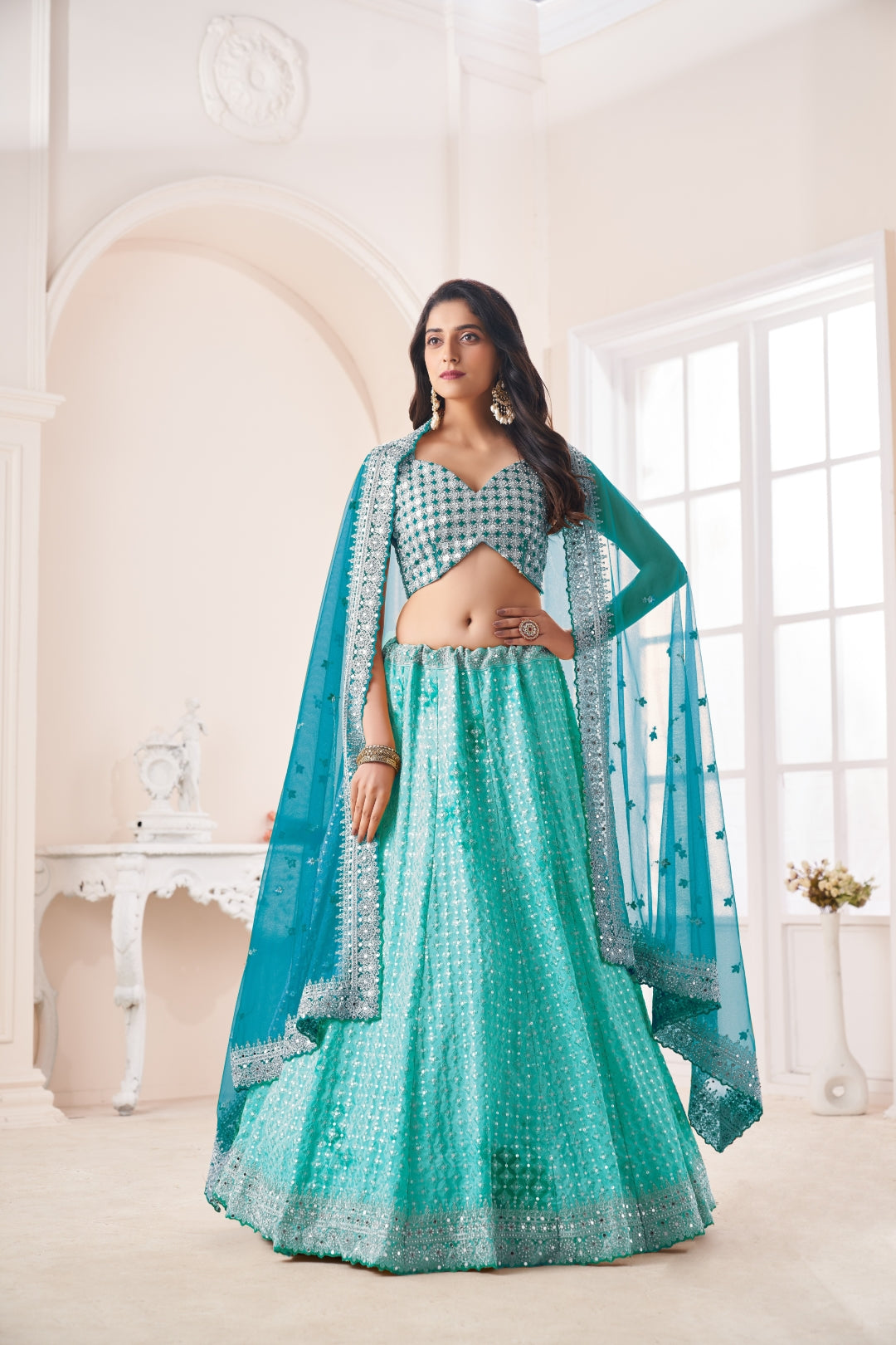 Shimmering Sky Blue Party Wear Lehenga Choli Set - Embroidered Elegance ClothsVilla