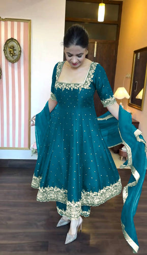 Sky Blue Party Wear Pur Vichitra Silk Anarkali Gown with Dupatta Set