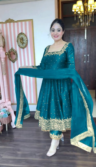 Sky Blue Party Wear Pur Vichitra Silk Anarkali Gown with Dupatta Set
