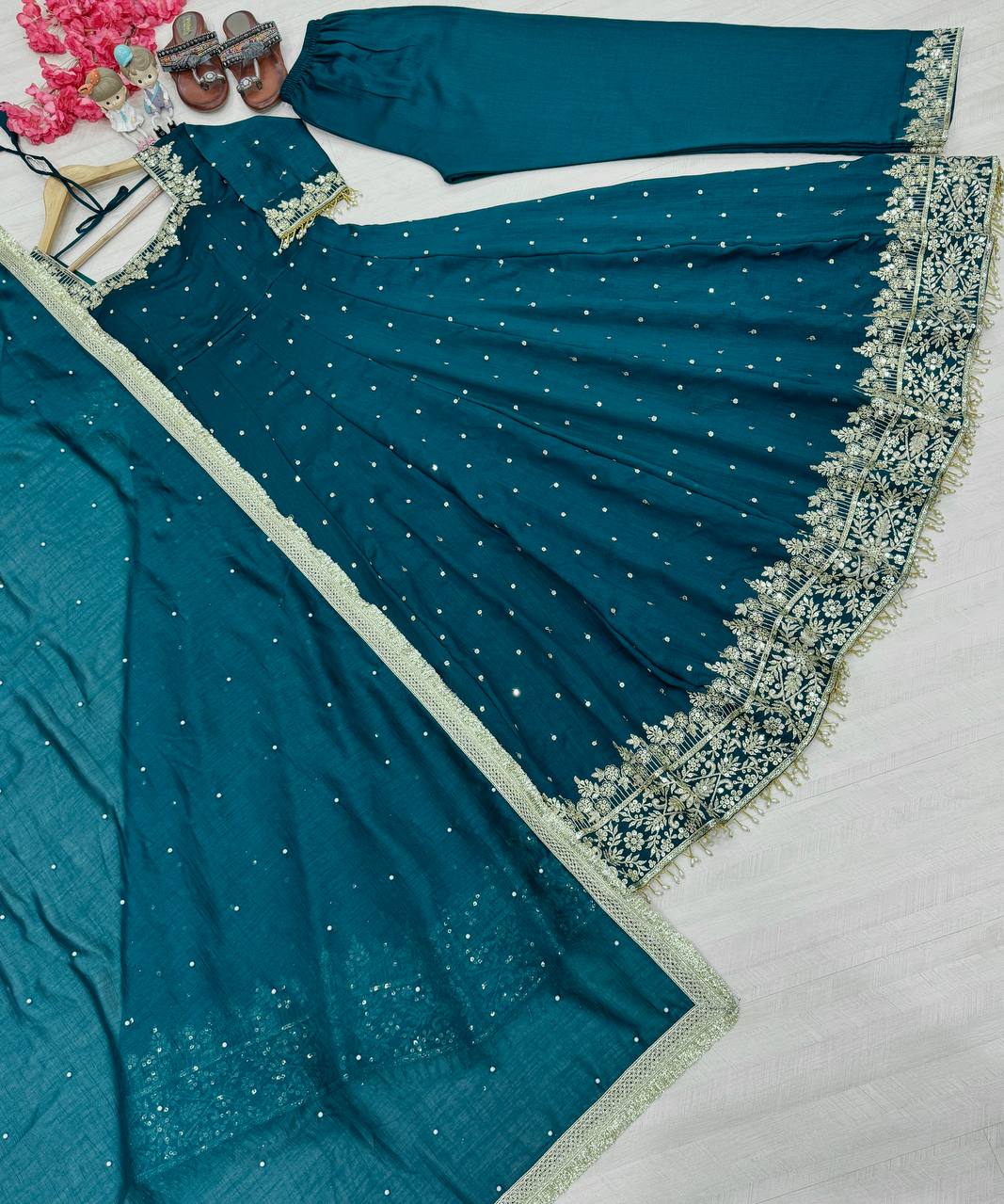 Sky Blue Party Wear Pur Vichitra Silk Anarkali Gown with Dupatta Set