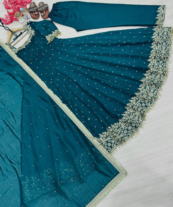 Sky Blue Party Wear Pur Vichitra Silk Anarkali Gown with Dupatta Set
