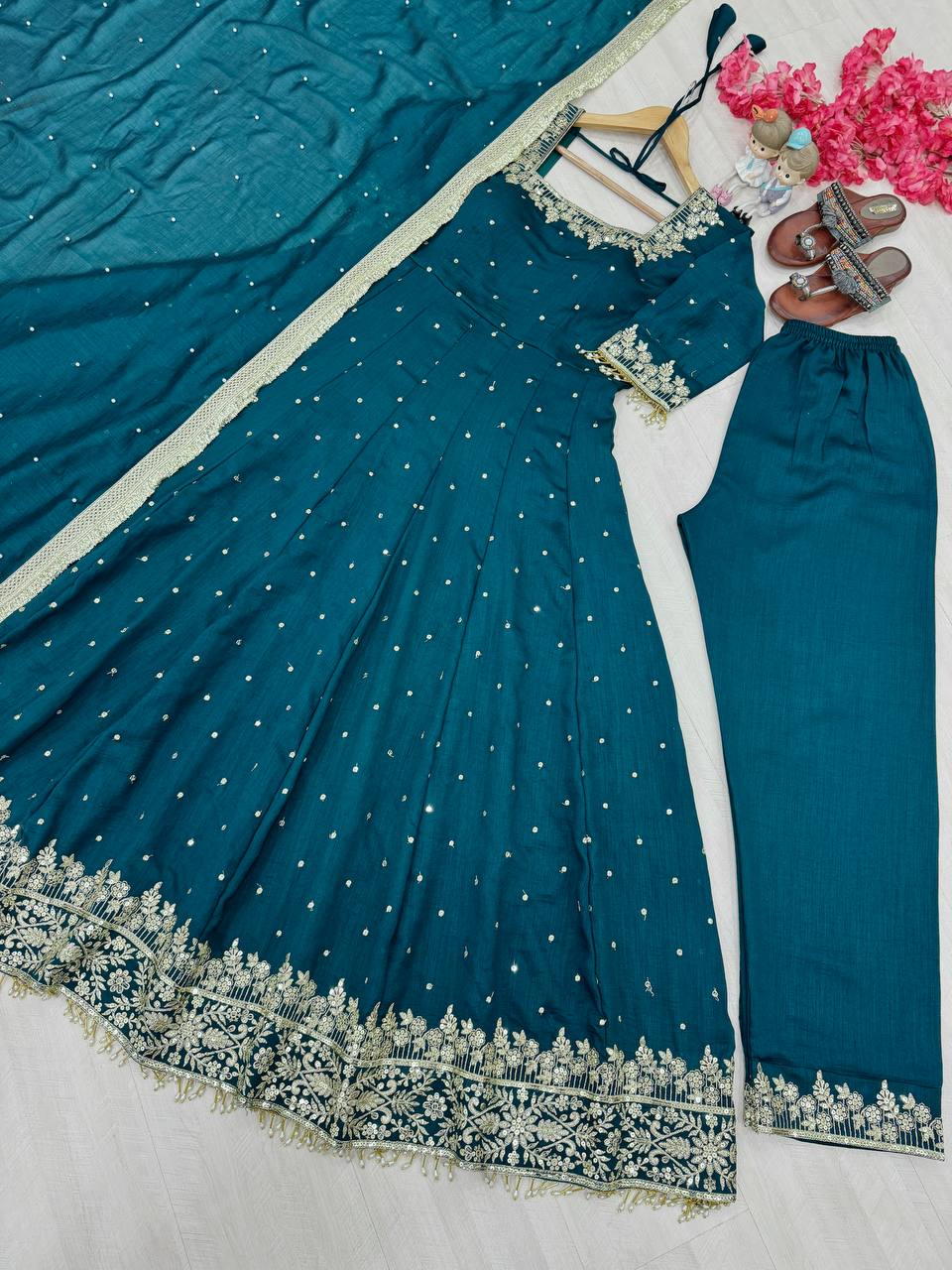 Sky Blue Party Wear Pur Vichitra Silk Anarkali Gown with Dupatta Set