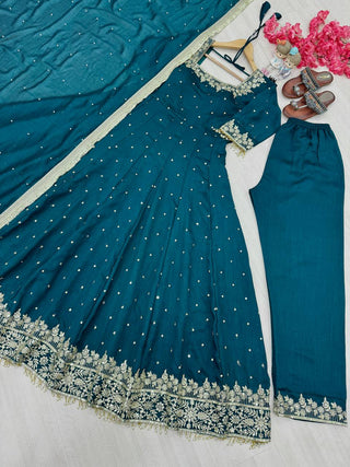 Sky Blue Party Wear Pur Vichitra Silk Anarkali Gown with Dupatta Set