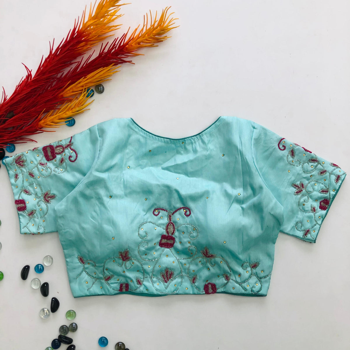 Sky Blue Pearl Embroidered Keri Silk Party Wear Blouse ClothsVilla Main image