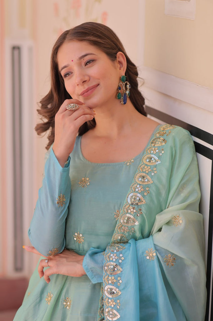 Sky Blue Pedding Gold Organza Embroidered Gown with Dupatta Umbrella Flair & Sequin Zari Work ClothsVilla