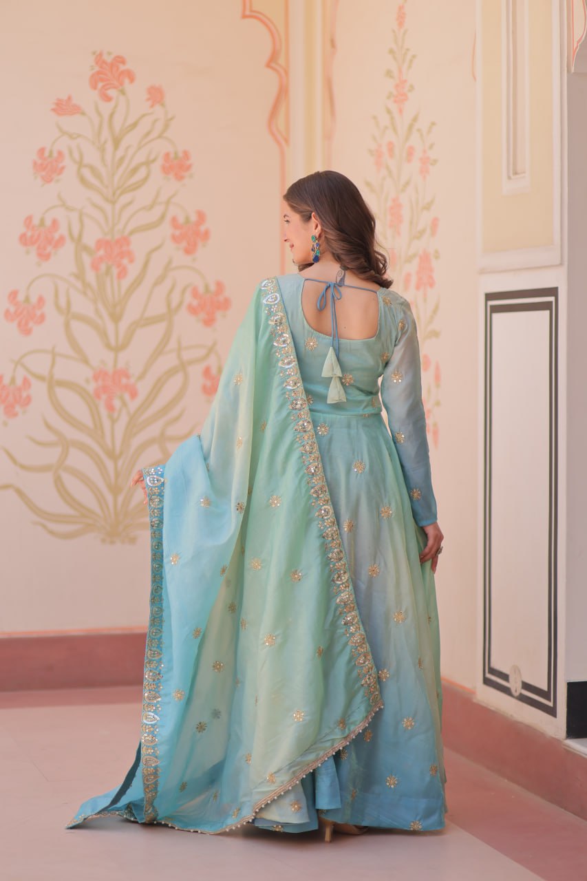 Sky Blue Pedding Gold Organza Embroidered Gown with Dupatta Umbrella Flair & Sequin Zari Work ClothsVilla