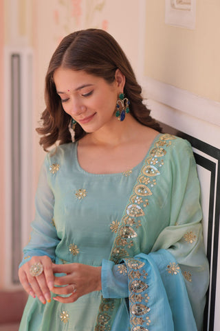 Sky Blue Pedding Gold Organza Embroidered Gown with Dupatta Umbrella Flair & Sequin Zari Work ClothsVilla