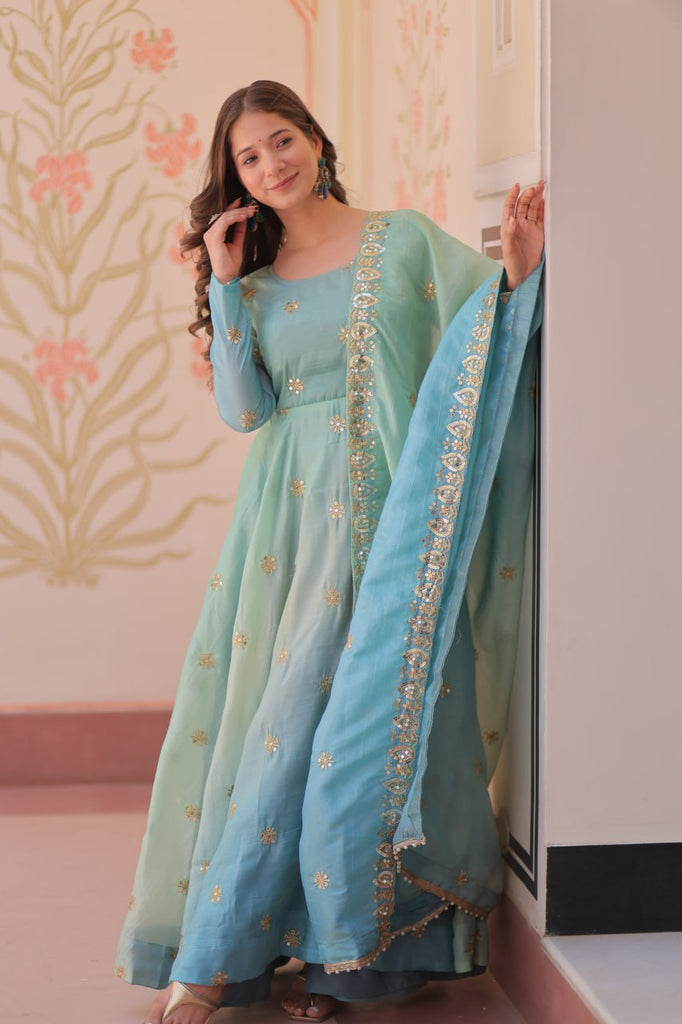 Sky Blue Pedding Gold Organza Embroidered Gown with Dupatta Umbrella Flair & Sequin Zari Work ClothsVilla