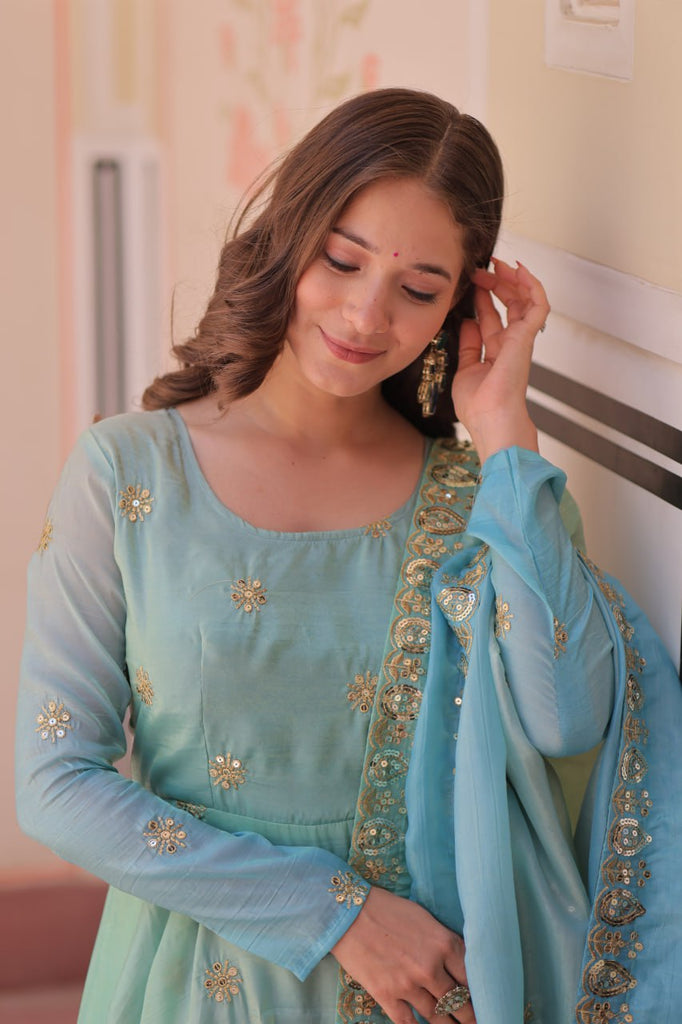 Sky Blue Pedding Gold Organza Embroidered Gown with Dupatta Umbrella Flair & Sequin Zari Work ClothsVilla