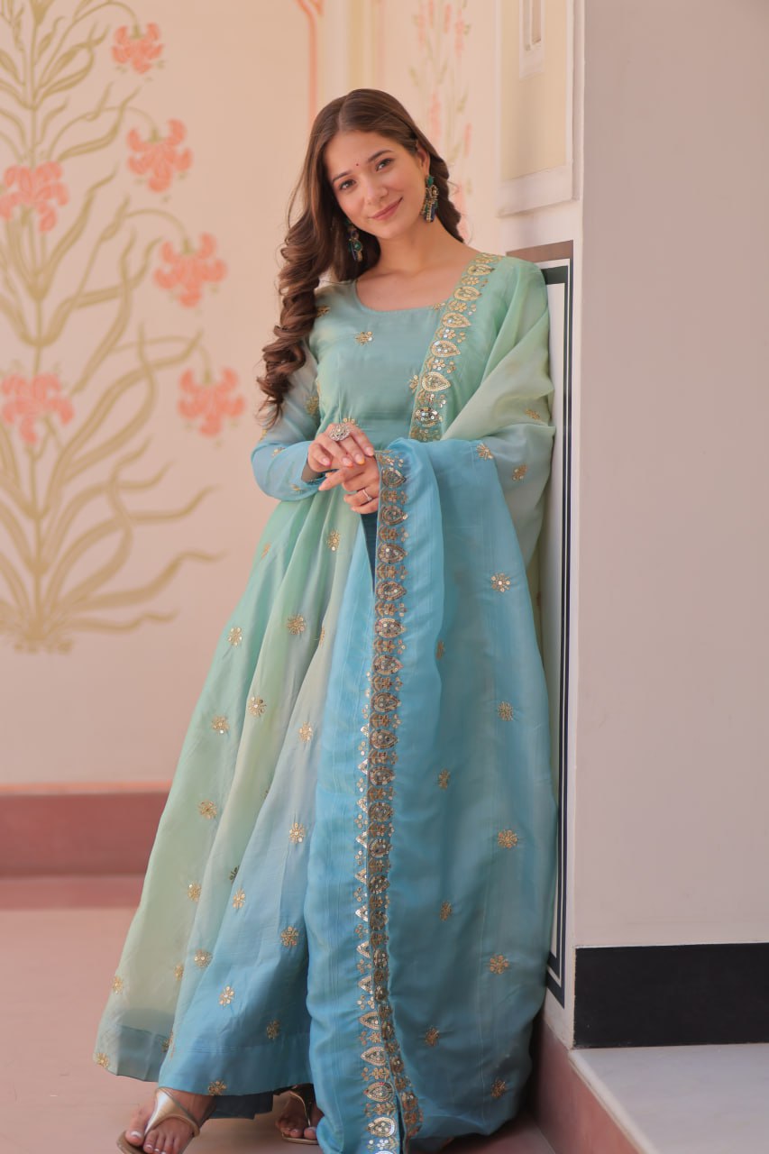 Sky Blue Pedding Gold Organza Embroidered Gown with Dupatta Umbrella Flair & Sequin Zari Work ClothsVilla Main image