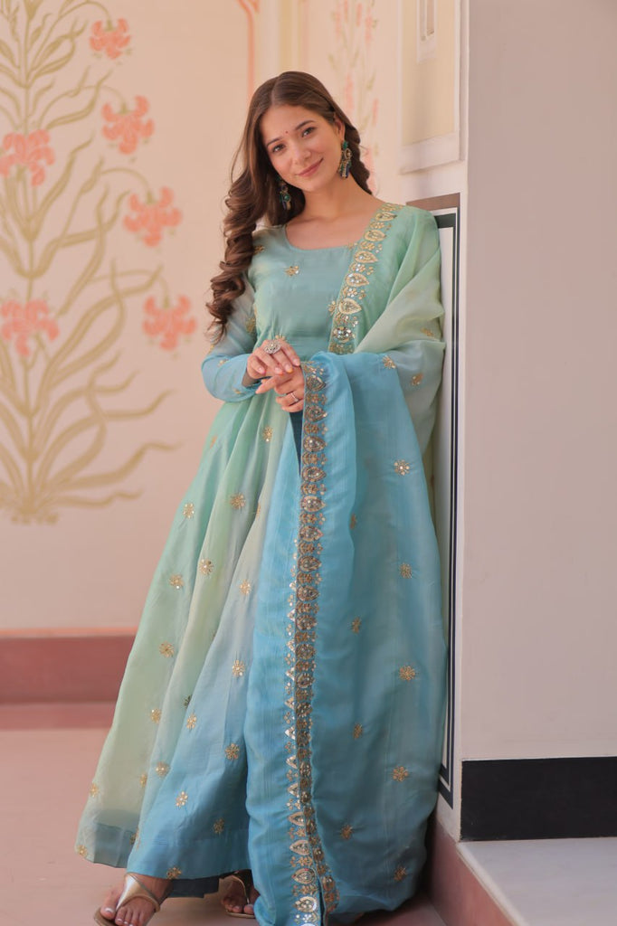 Sky Blue Pedding Gold Organza Embroidered Gown with Dupatta Umbrella Flair & Sequin Zari Work ClothsVilla