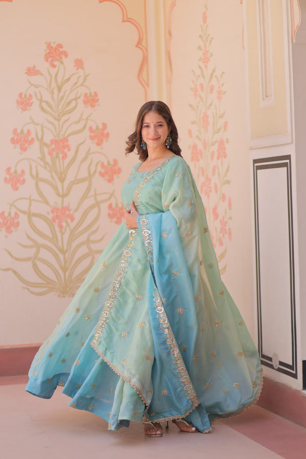 Sky Blue Pedding Gold Organza Embroidered Gown with Dupatta Umbrella Flair & Sequin Zari Work ClothsVilla