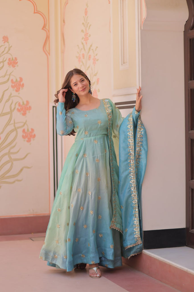 Sky Blue Pedding Gold Organza Embroidered Gown with Dupatta Umbrella Flair & Sequin Zari Work ClothsVilla
