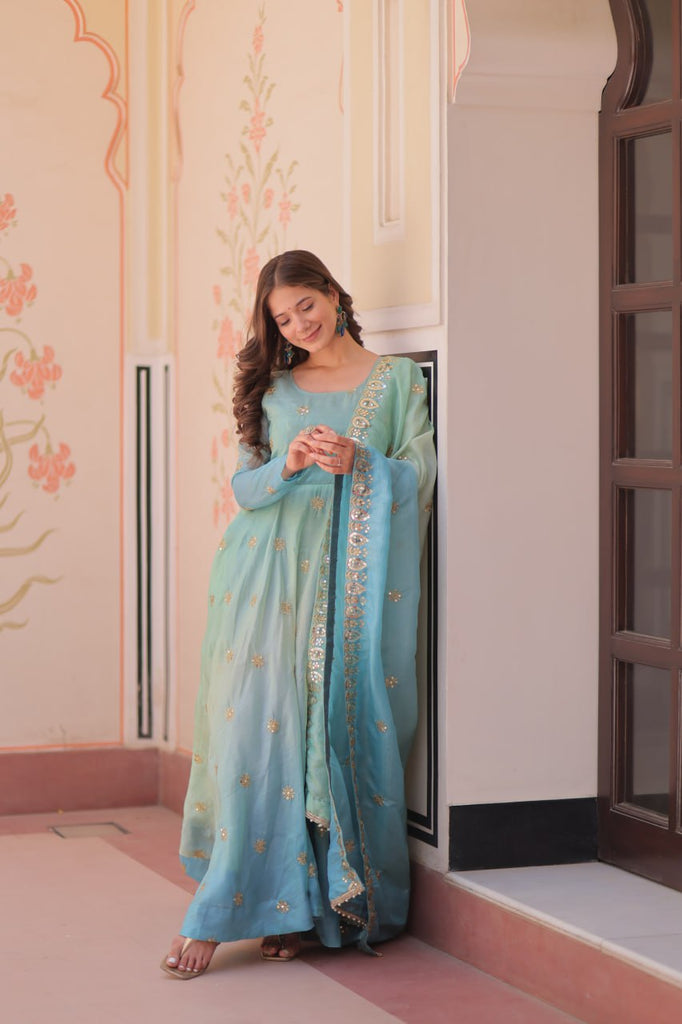 Sky Blue Pedding Gold Organza Embroidered Gown with Dupatta Umbrella Flair & Sequin Zari Work ClothsVilla