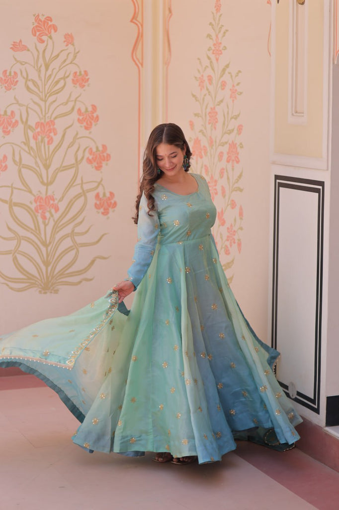 Sky Blue Pedding Gold Organza Embroidered Gown with Dupatta Umbrella Flair & Sequin Zari Work ClothsVilla