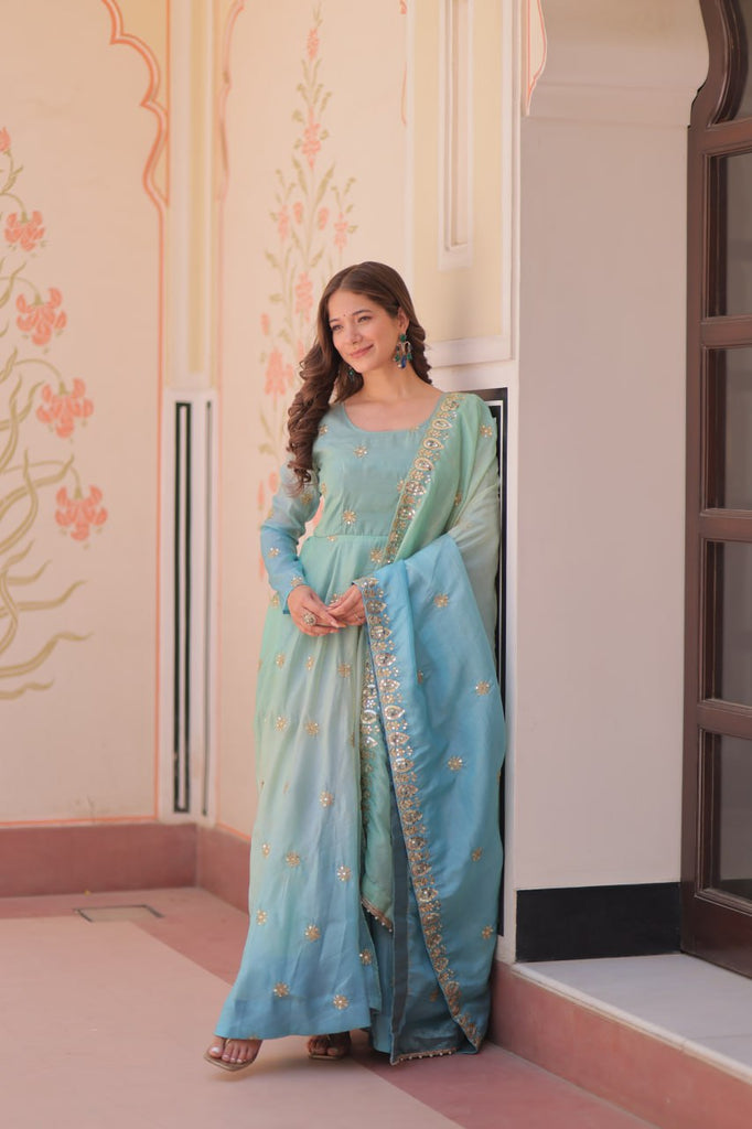 Sky Blue Pedding Gold Organza Embroidered Gown with Dupatta Umbrella Flair & Sequin Zari Work ClothsVilla