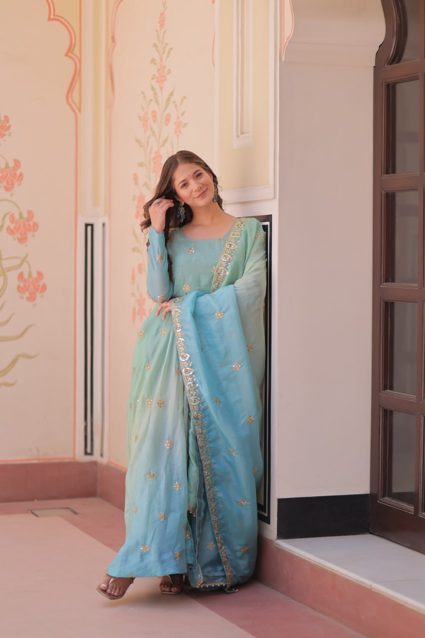 Sky Blue Pedding Gold Organza Embroidered Gown with Dupatta Umbrella Flair & Sequin Zari Work ClothsVilla
