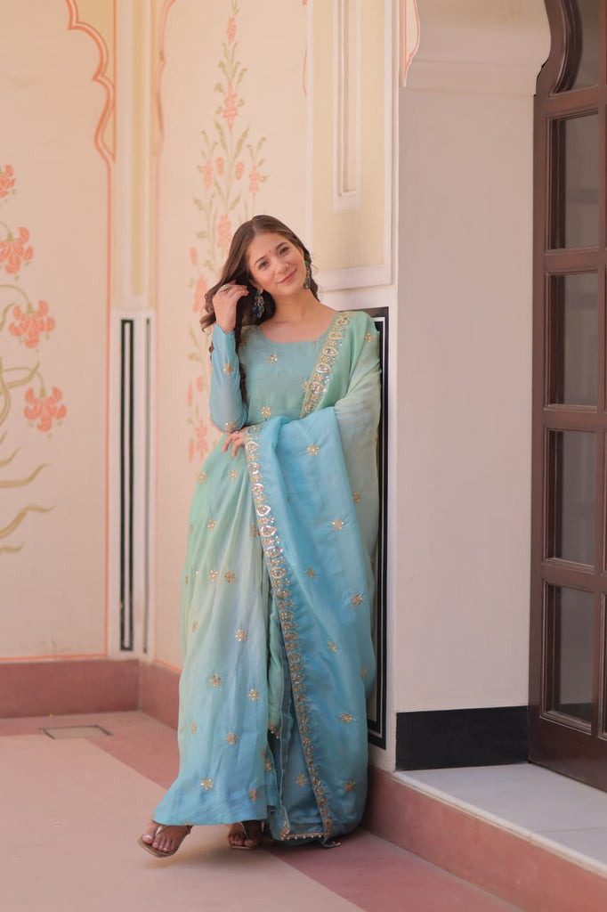 Sky Blue Pedding Gold Organza Embroidered Gown with Dupatta Umbrella Flair & Sequin Zari Work ClothsVilla