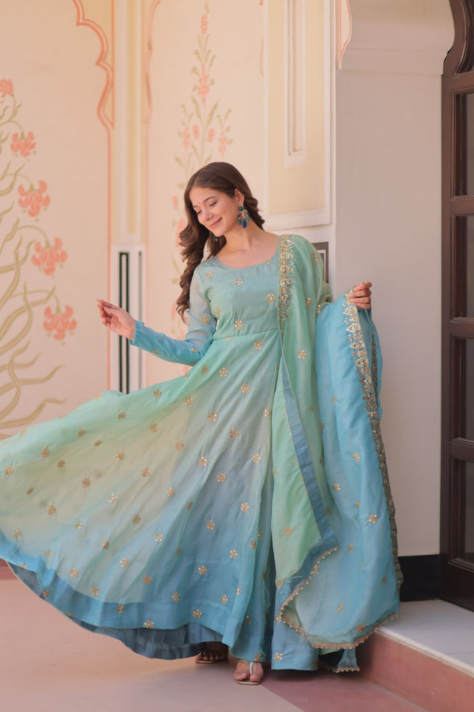 Sky Blue Pedding Gold Organza Embroidered Gown with Dupatta Umbrella Flair & Sequin Zari Work ClothsVilla