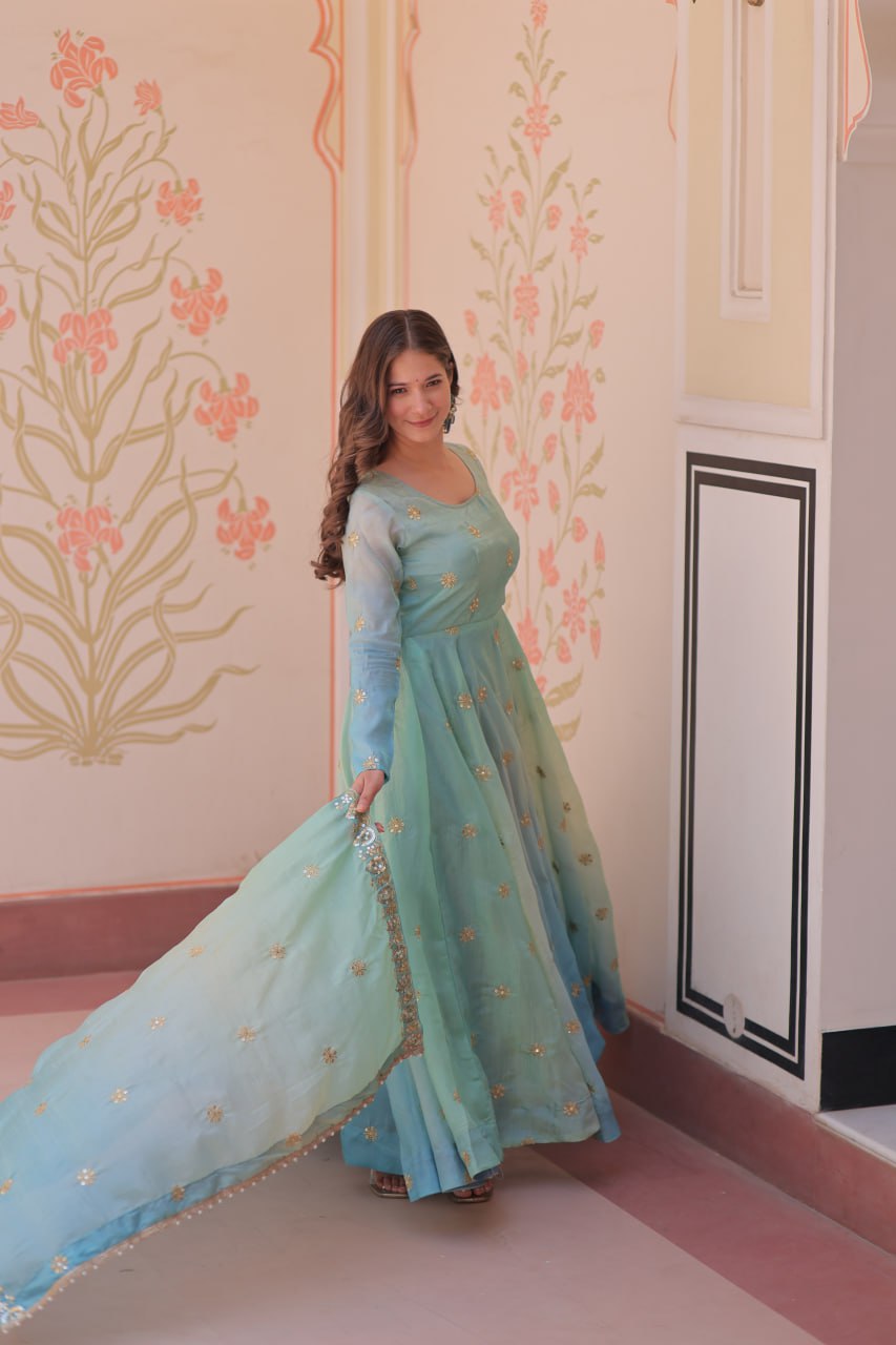Sky Blue Pedding Gold Organza Embroidered Gown with Dupatta Umbrella Flair & Sequin Zari Work ClothsVilla