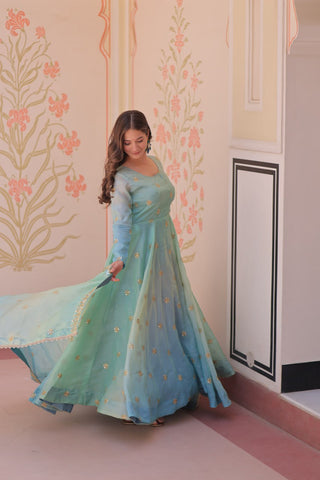 Sky Blue Pedding Gold Organza Embroidered Gown with Dupatta Umbrella Flair & Sequin Zari Work ClothsVilla