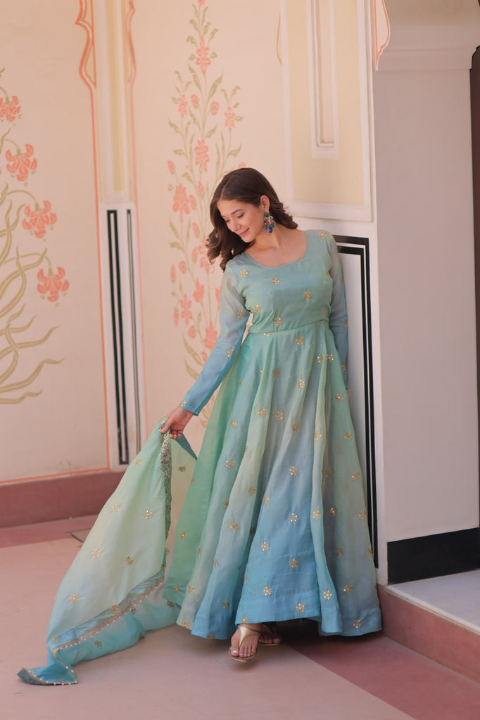 Sky Blue Pedding Gold Organza Embroidered Gown with Dupatta Umbrella Flair & Sequin Zari Work ClothsVilla