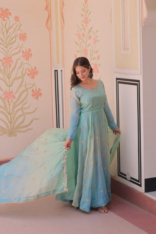 Sky Blue Pedding Gold Organza Embroidered Gown with Dupatta Umbrella Flair & Sequin Zari Work ClothsVilla