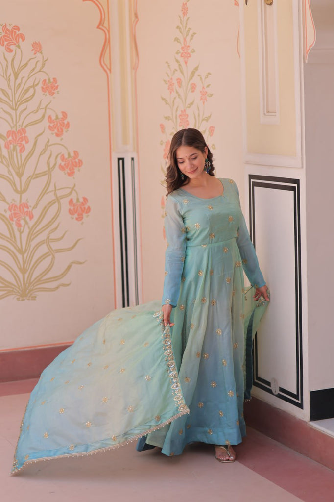 Sky Blue Pedding Gold Organza Embroidered Gown with Dupatta Umbrella Flair & Sequin Zari Work ClothsVilla