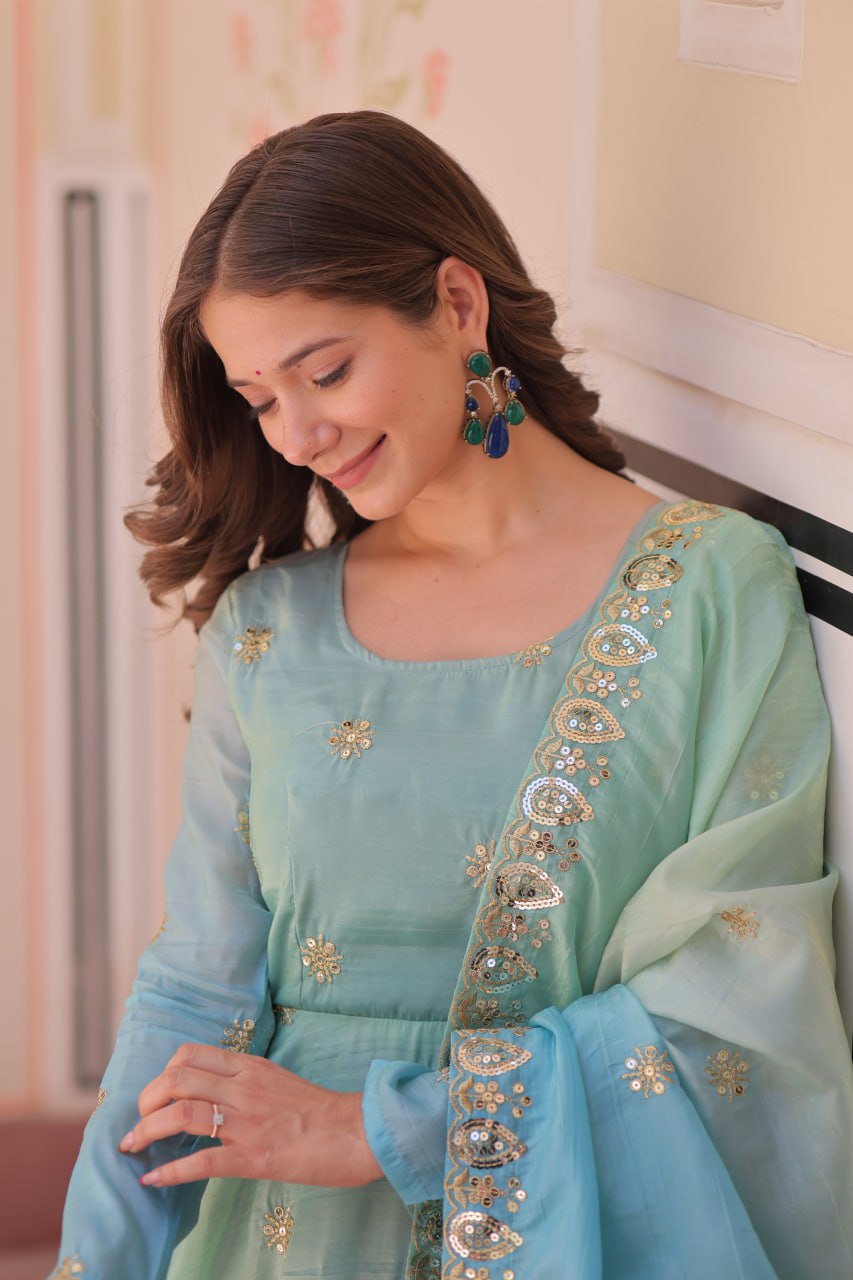 Sky Blue Pedding Gold Organza Embroidered Gown with Dupatta Umbrella Flair & Sequin Zari Work ClothsVilla