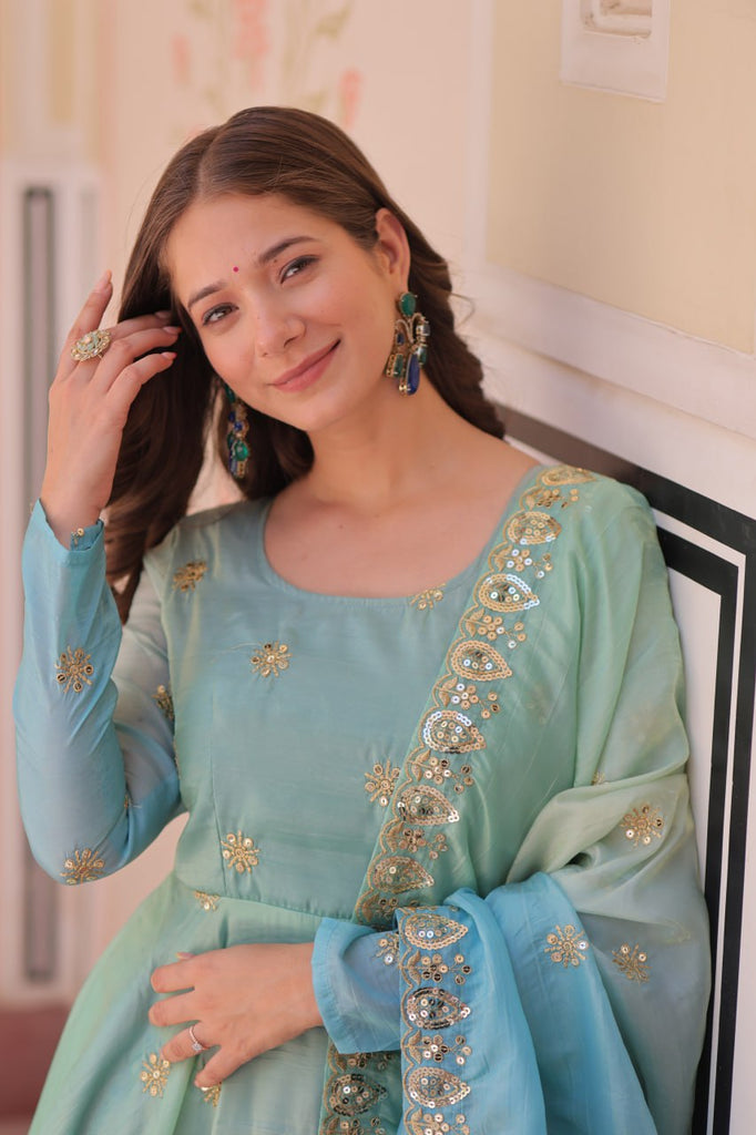 Sky Blue Pedding Gold Organza Embroidered Gown with Dupatta Umbrella Flair & Sequin Zari Work ClothsVilla