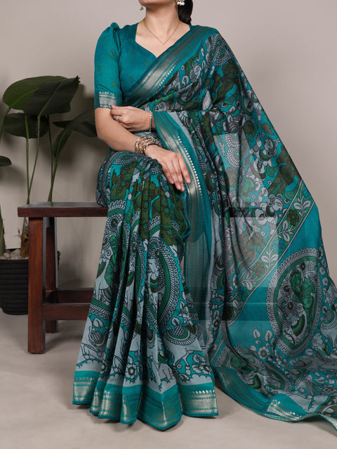 Sky Blue Polyester Kalamkari Print Saree ClothsVilla Main image