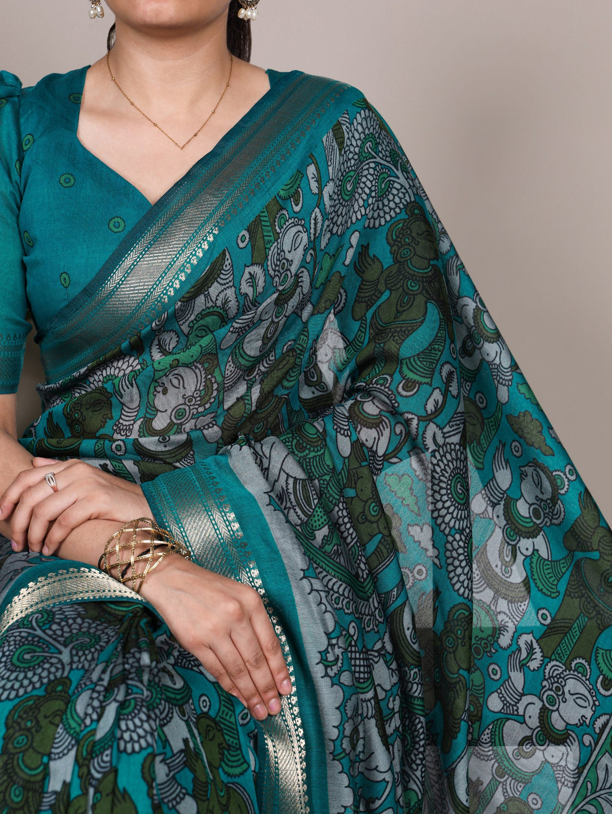 Sky Blue Polyester Kalamkari Print Saree ClothsVilla