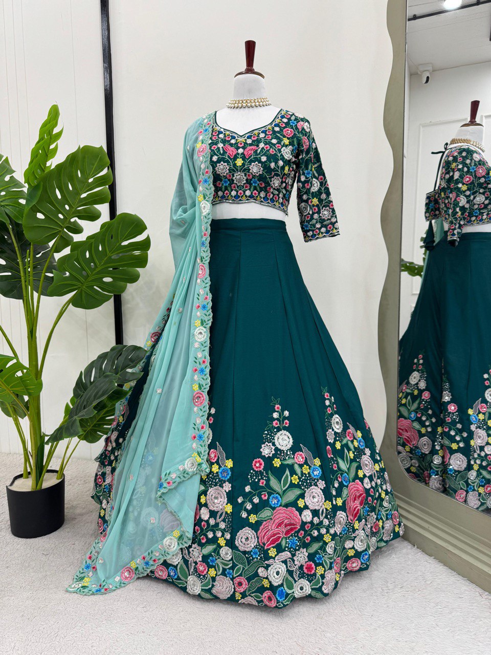 Sky Blue Premium Chinon Silk Lehenga Set with Sequin Work ClothsVilla Main image
