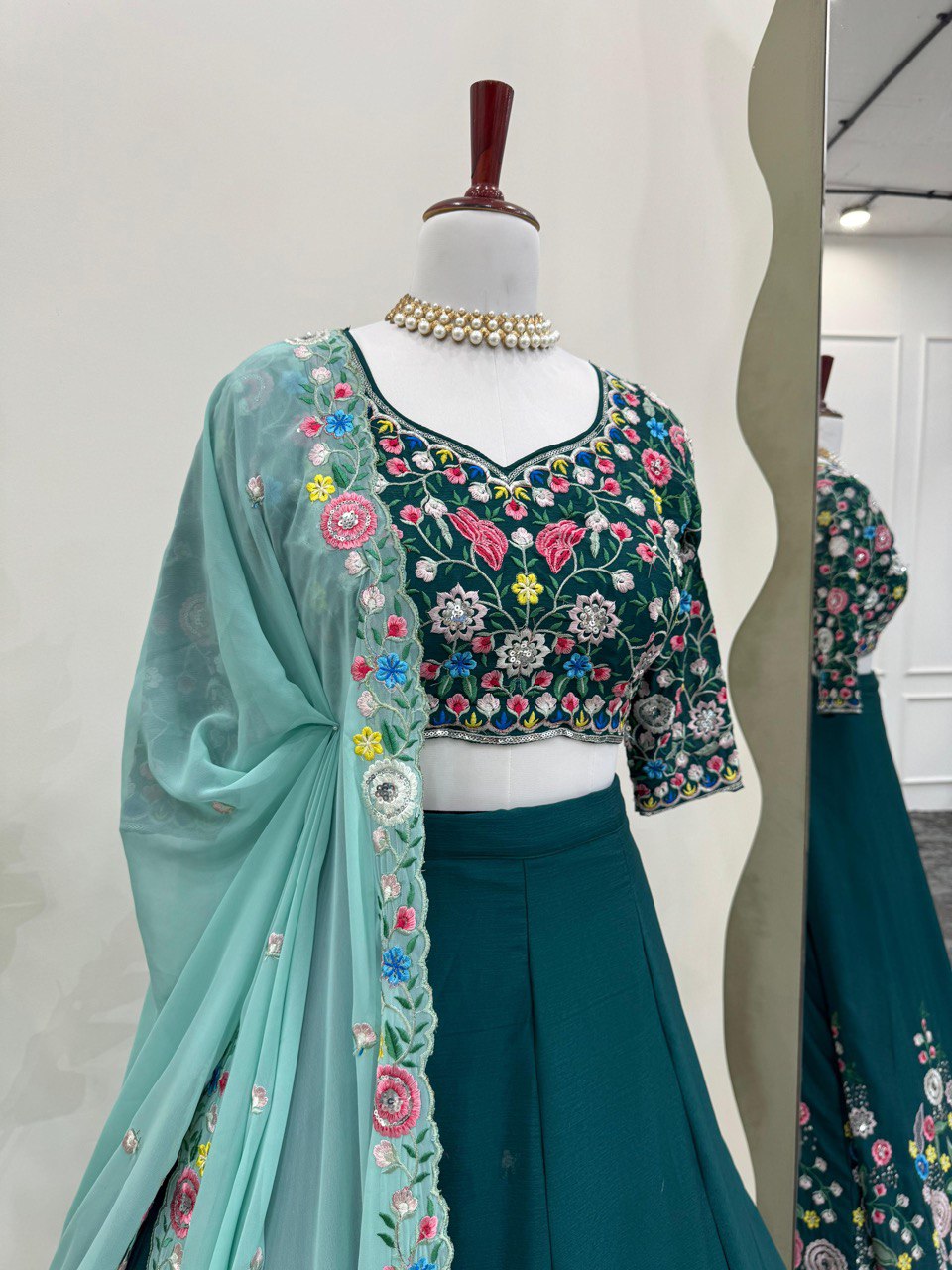 Sky Blue Premium Chinon Silk Lehenga Set with Sequin Work ClothsVilla