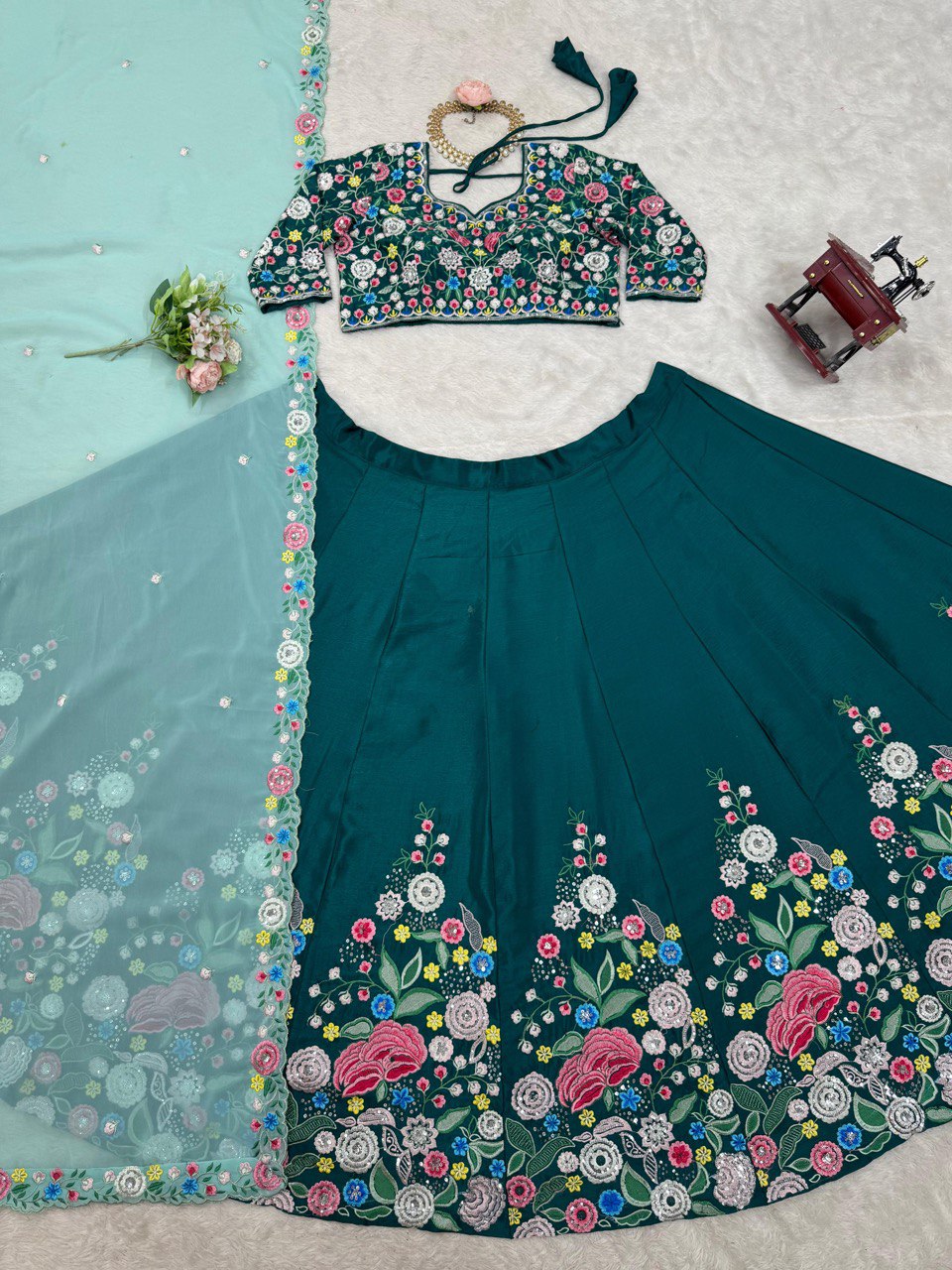 Sky Blue Premium Chinon Silk Lehenga Set with Sequin Work ClothsVilla