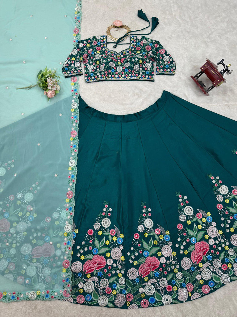 Sky Blue Premium Chinon Silk Lehenga Set with Sequin Work ClothsVilla