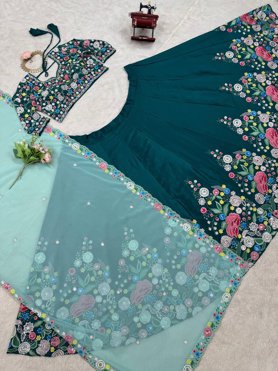 Sky Blue Premium Chinon Silk Lehenga Set with Sequin Work ClothsVilla