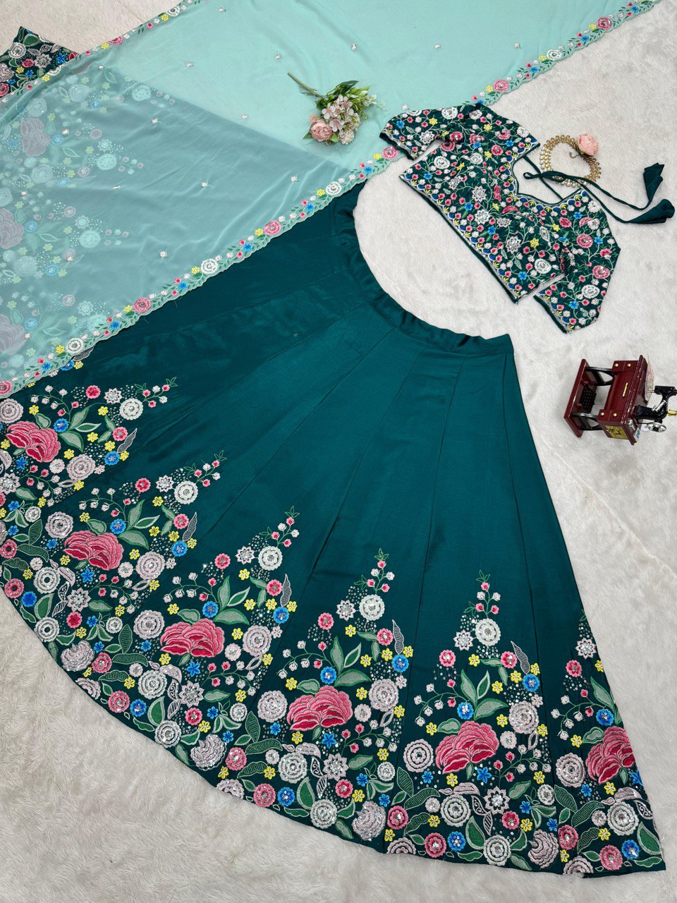 Sky Blue Premium Chinon Silk Lehenga Set with Sequin Work ClothsVilla