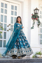 Load image into Gallery viewer, Sky Blue Premium Designer Chinon Silk Printed Gown with Sequence Work Clothsvilla