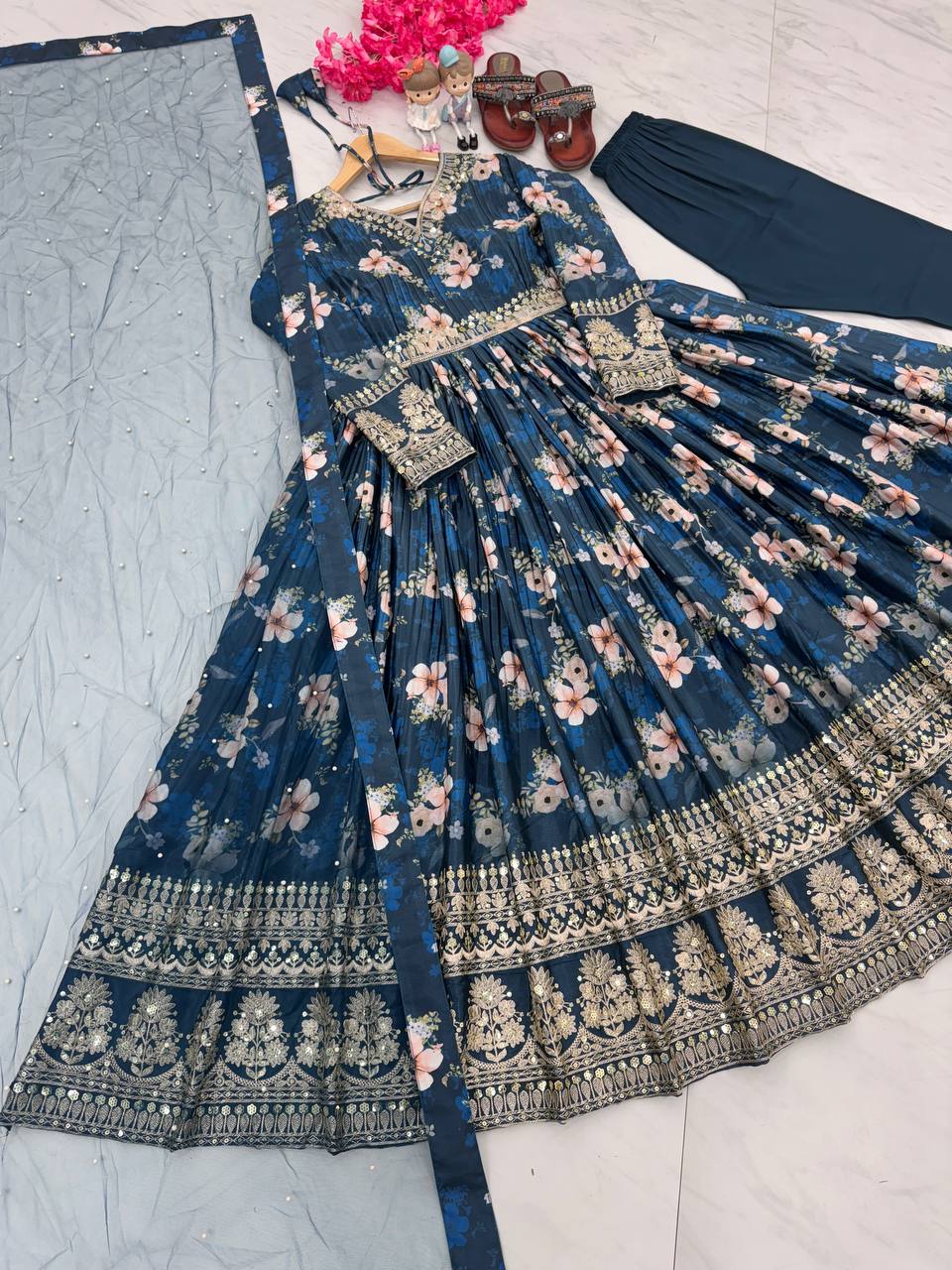 Sky Blue Premium Designer Chinon Silk Printed Gown with Sequence Work Clothsvilla