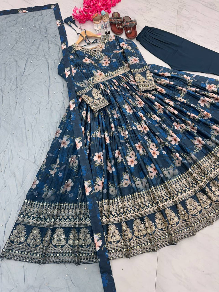 Sky Blue Premium Designer Chinon Silk Printed Gown with Sequence Work Clothsvilla