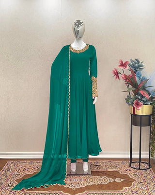 Sky Blue Premium Designer Party Wear Anarkali Gown, Dupatta & Bottom Set Clothsvilla