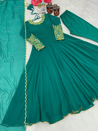 Sky Blue Premium Designer Party Wear Anarkali Gown, Dupatta & Bottom Set Clothsvilla
