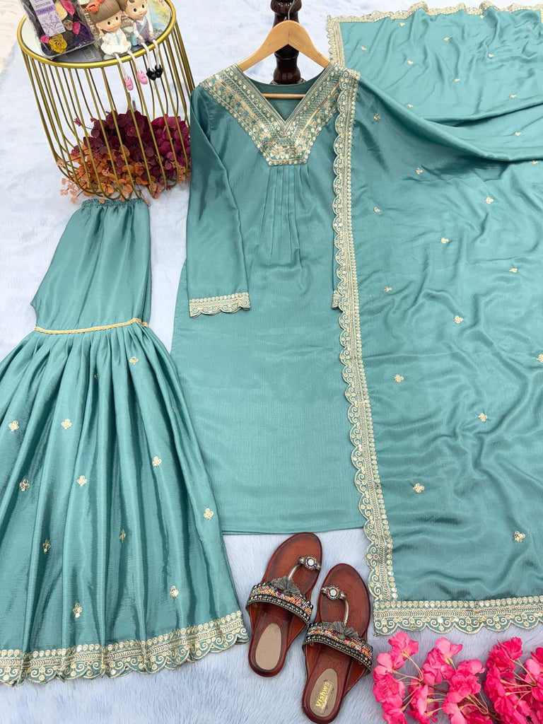 Sky Blue Premium Designer Party Wear Chinon Silk Top, Palazzo & Dupatta Set Clothsvilla