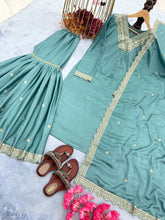 Load image into Gallery viewer, Sky Blue Premium Designer Party Wear Chinon Silk Top, Palazzo &amp; Dupatta Set Clothsvilla